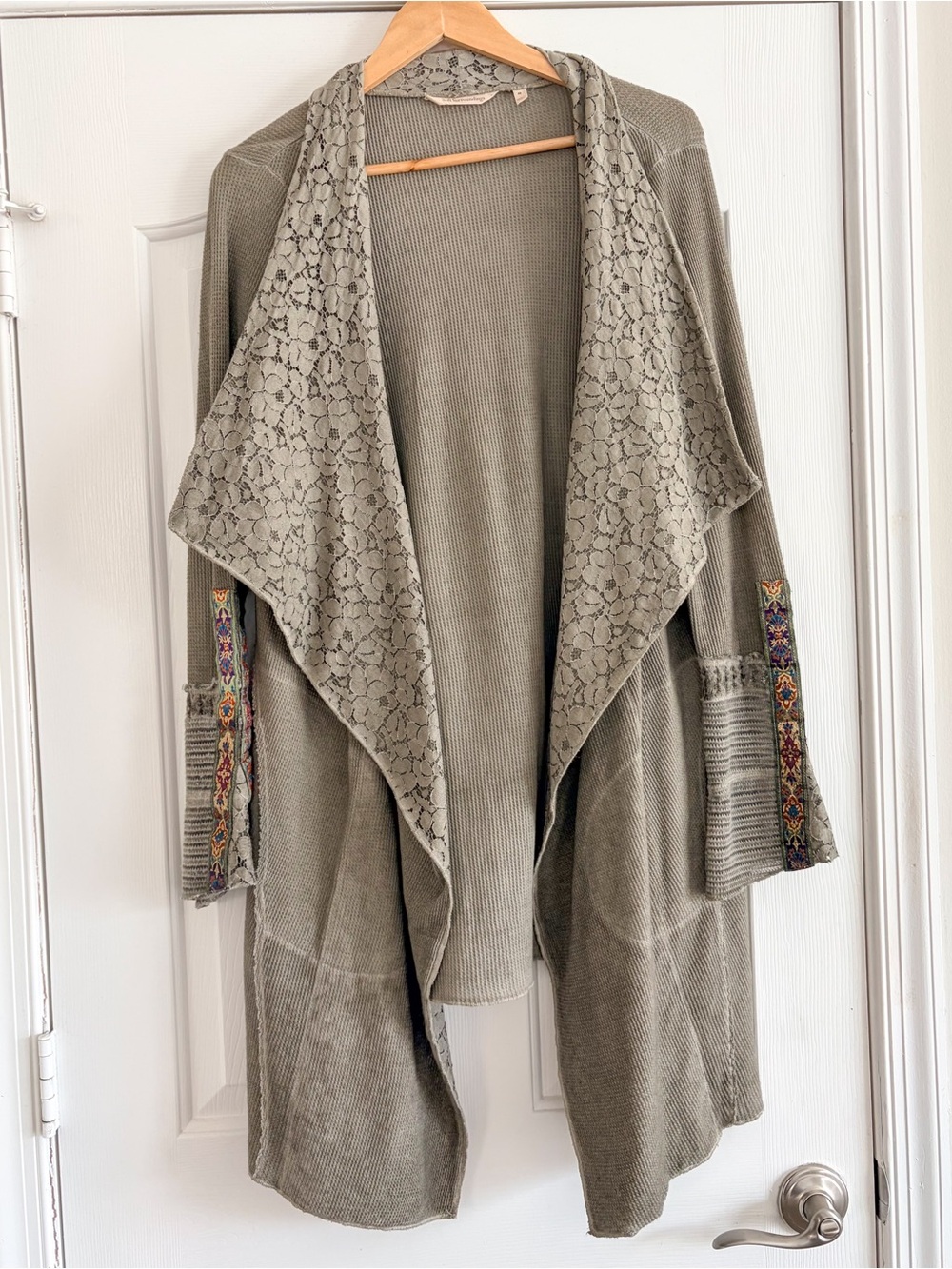 Soft Surroundings Waffle Knit Lace Duster Cardigan Embroidered Cuffs M Pockets